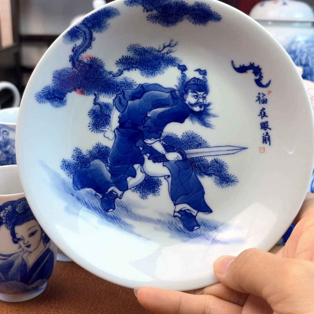 小*子青花人物手工手绘壶承