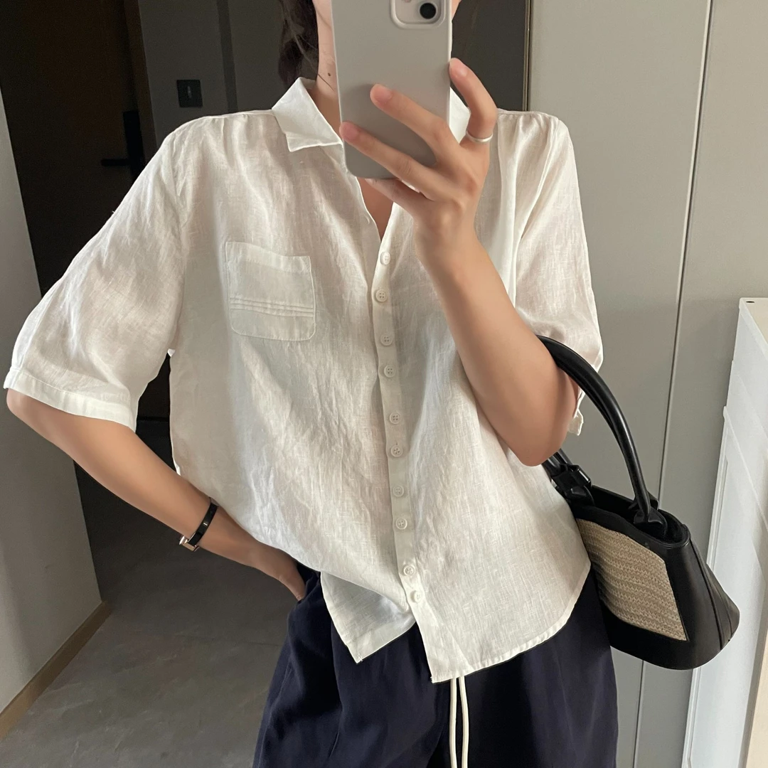 「100%纯亚麻 假一赔十」翻领排扣衬衫 夏季宽松百搭设计感小衫H620