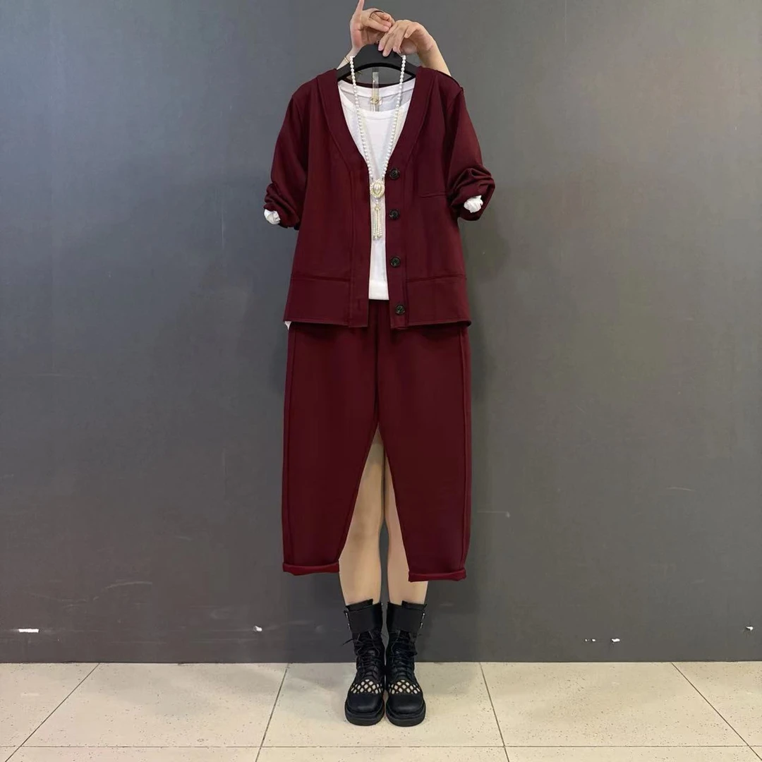 胖MM休闲V领开衫上衣长裤百搭洋气显瘦套装