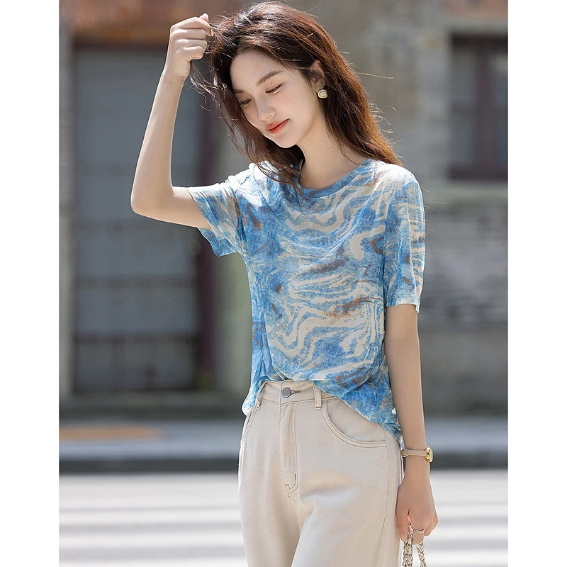 dme德·玛纳清新水彩风夏季轻软温柔圆领短袖遮肉微弹女式t恤