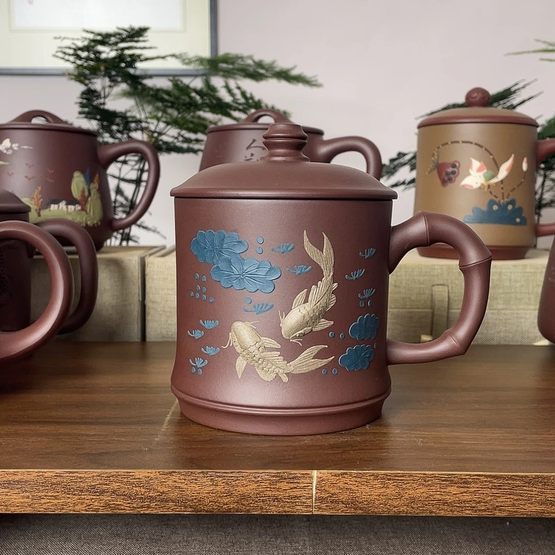 茶杯紫砂双鱼竹节杯500cc