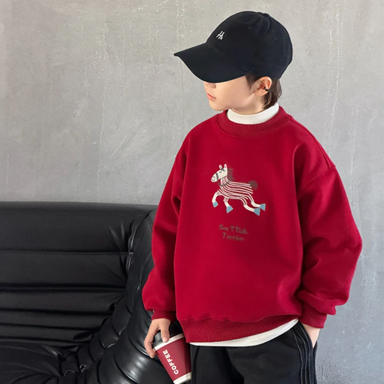 男童秋冬款卫衣加绒加厚2025新款大童冬装一体绒冬季儿童红色上衣