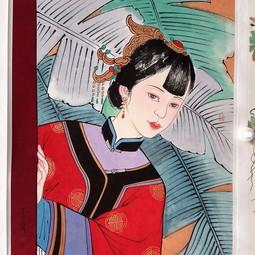 国画对标中国红写意仕女图