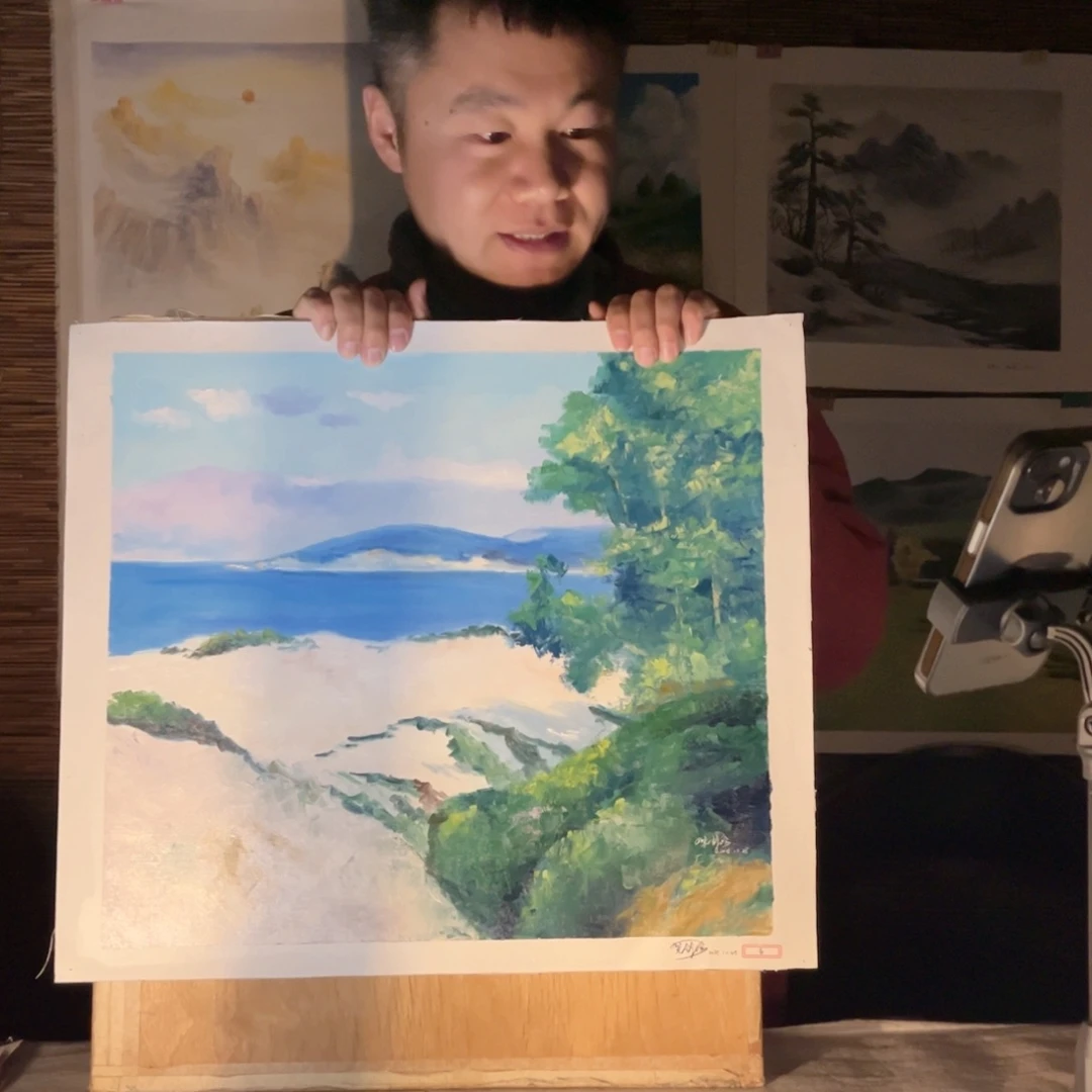 油画行路人小院绘画作品
