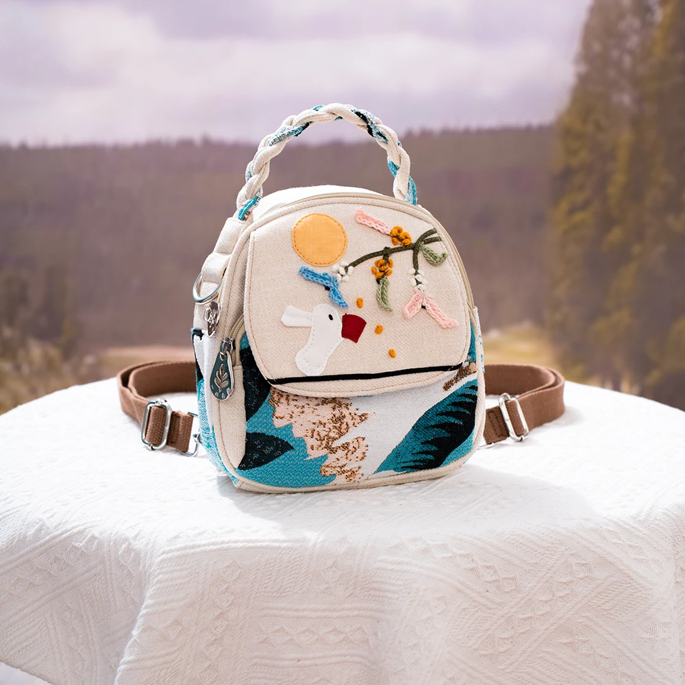 民族风清新刺绣轻便休闲迷你三用背包文艺手工编织棉麻双肩小包