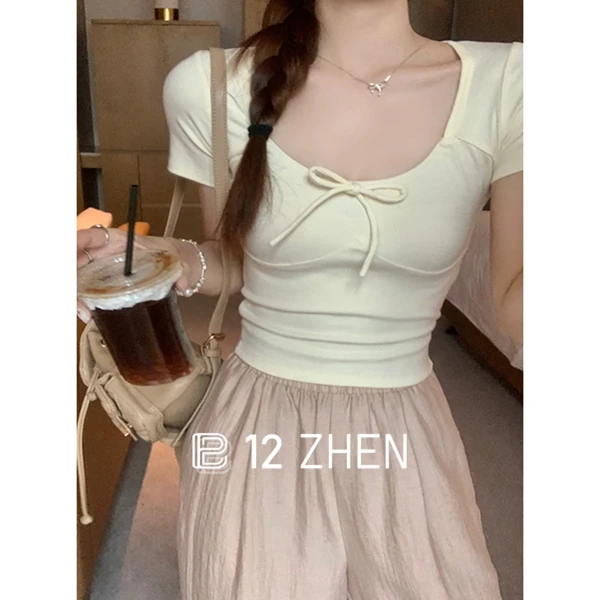 甜美减龄糖果色蝴蝶结大领口短袖t恤女夏纯欲bm风内搭正肩u领上衣