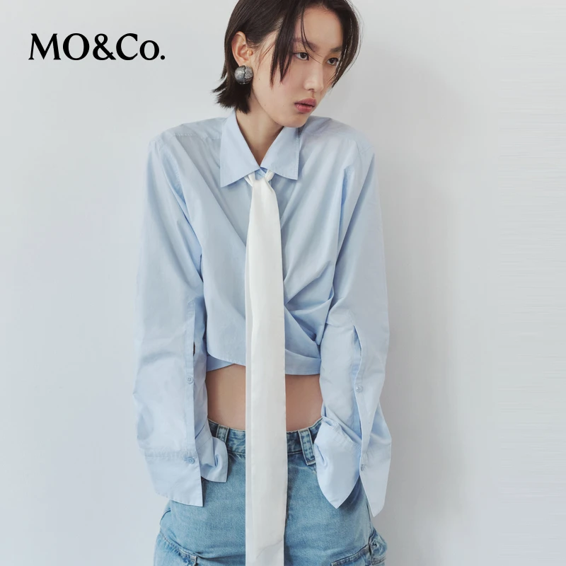 【周周专属】MOCO夏解构斜裹短款光泽感涂层棉质衬衫上衣MBD2TOP028