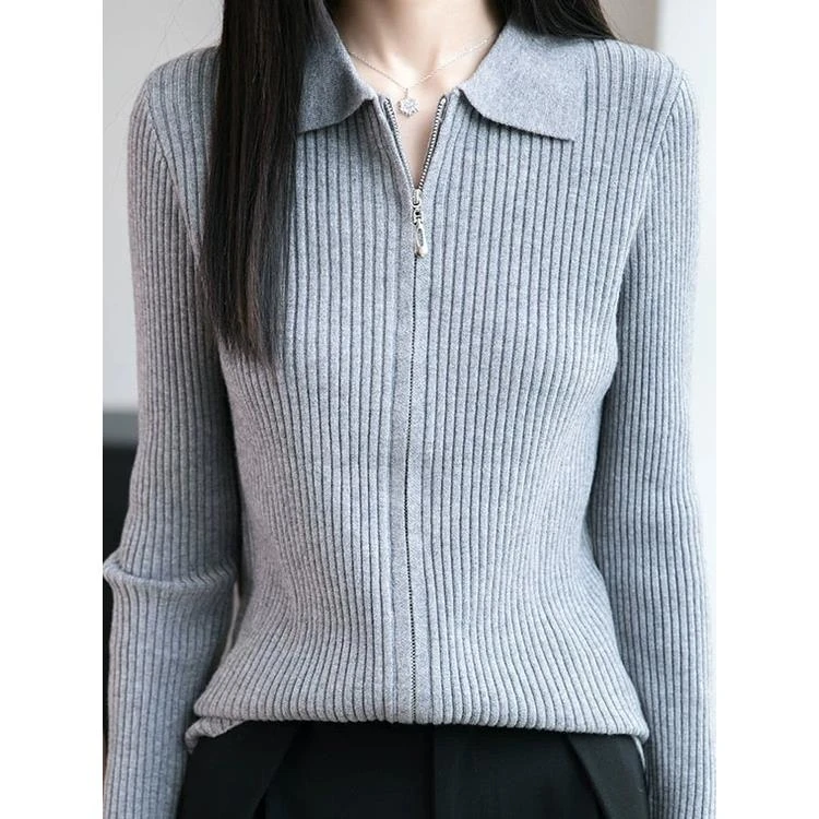 职业阿玛诗官方2025秋冬设计感双拉炼针织开衫修身显瘦翻领毛衣女