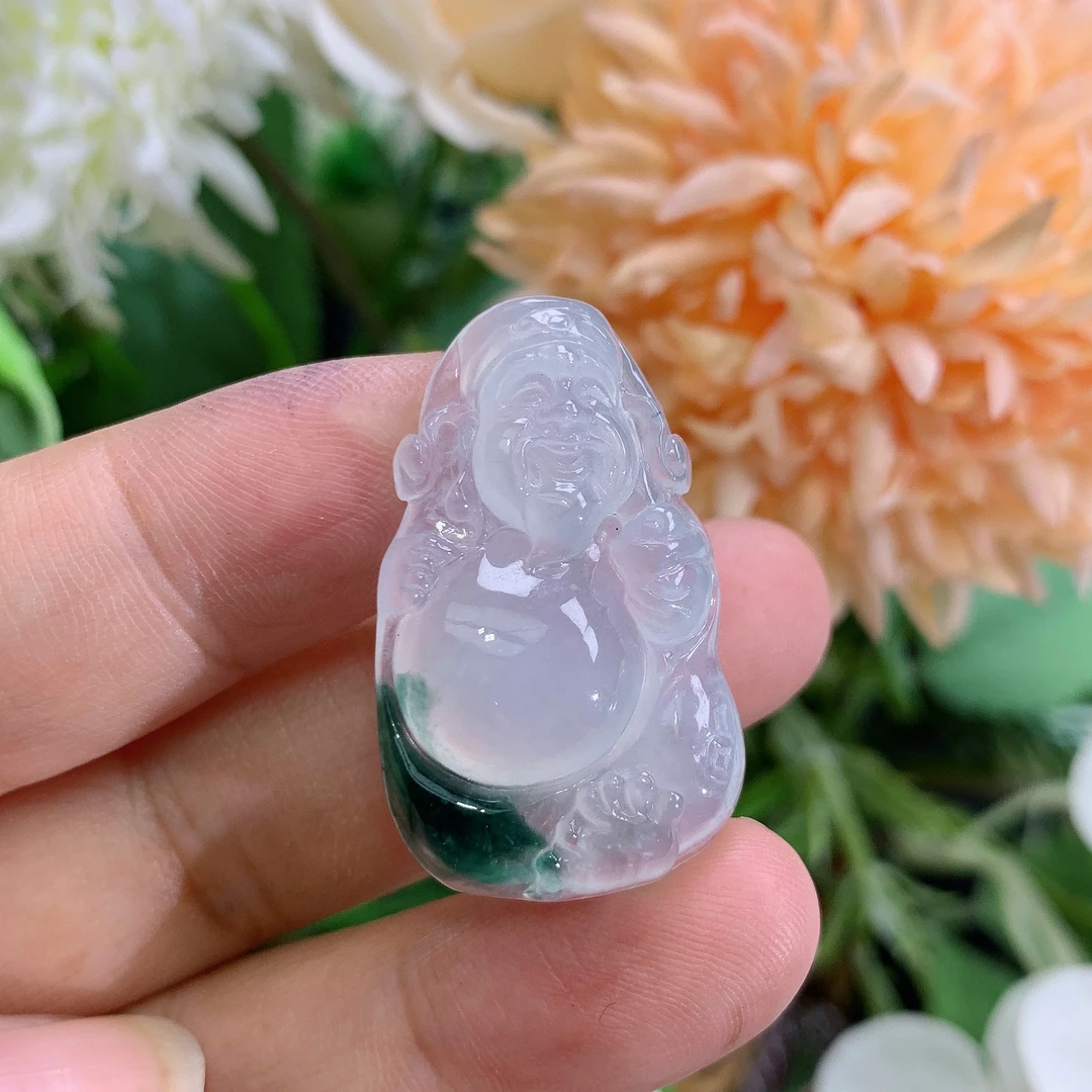 缅甸天然翡翠A货高冰起光飘花财神爷吊坠真尺寸32×19.4×6.3mm