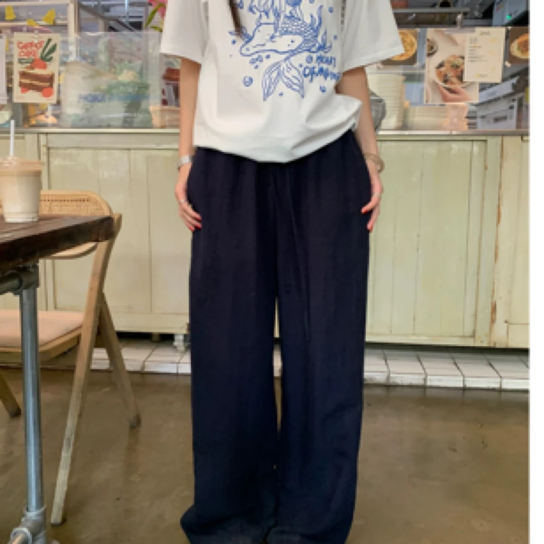 25韩国夏季新款韩版小众设计感休闲直筒阔腿裤女