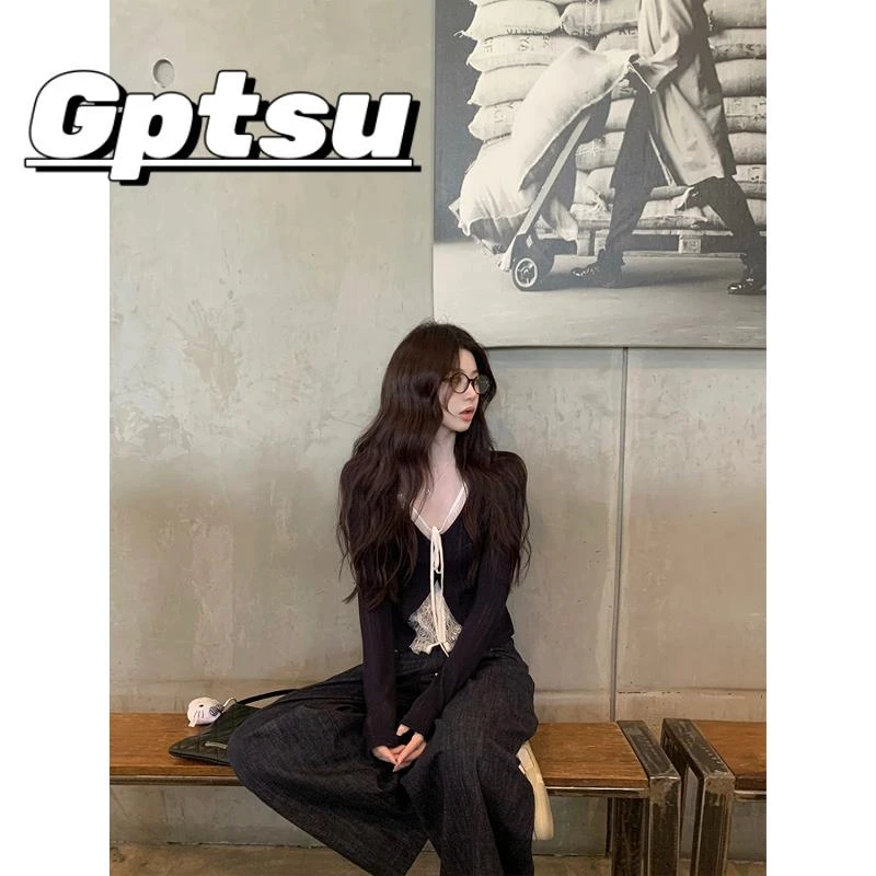 GPTSu黑色辣妹蕾丝拼接绑带假两件撞色恤秋季显瘦打底衫长袖上衣