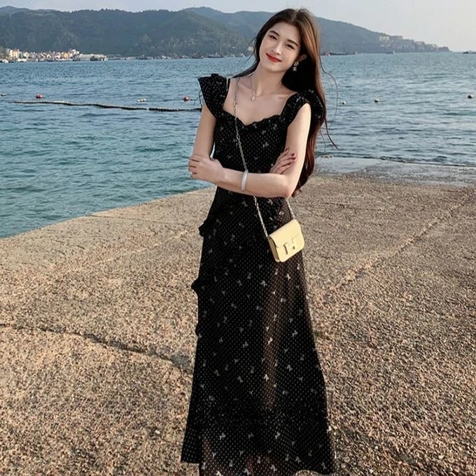 非图片款法式黑色碎花连衣裙吊带款