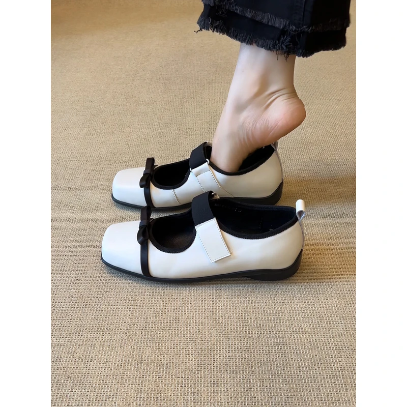 nnmiss·34-39/3.5cm法式方头设计感拼色蝴蝶结浅口一字带厚底单鞋