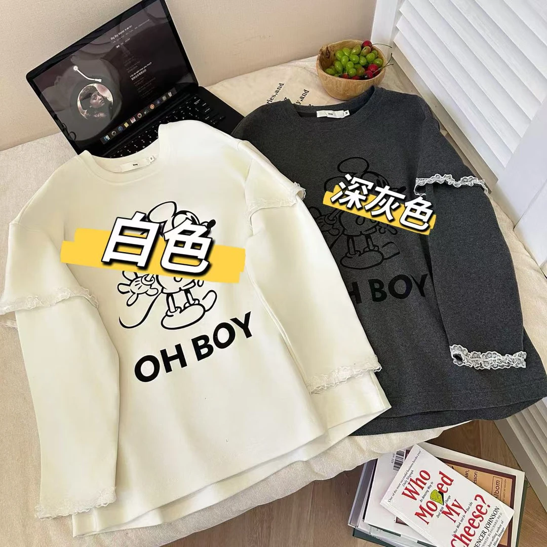 小雅姐姐  冬季卡通慵懒风蕾丝花边袖T恤上衣IJ93