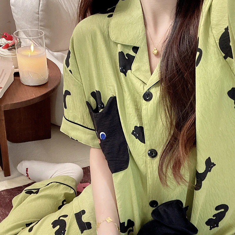 绿色黑猫泡泡棉睡衣女夏季2025新款短袖甜美开衫可外穿家居服套装