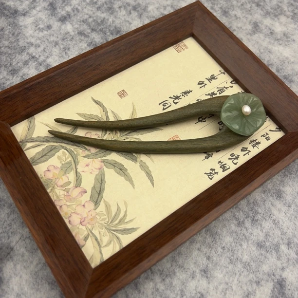 原创新中式绿檀木荷叶珍珠发簪古风汉服旗袍盘发气质简约头饰