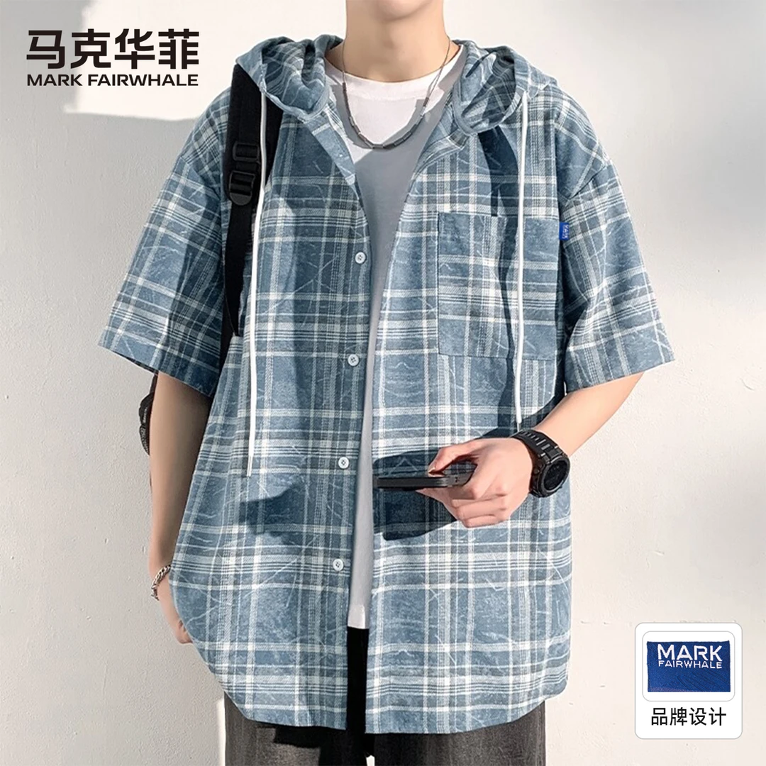 马克华菲美式连帽短袖衬衫男士2025夏季新款宽松薄款格子外套男款