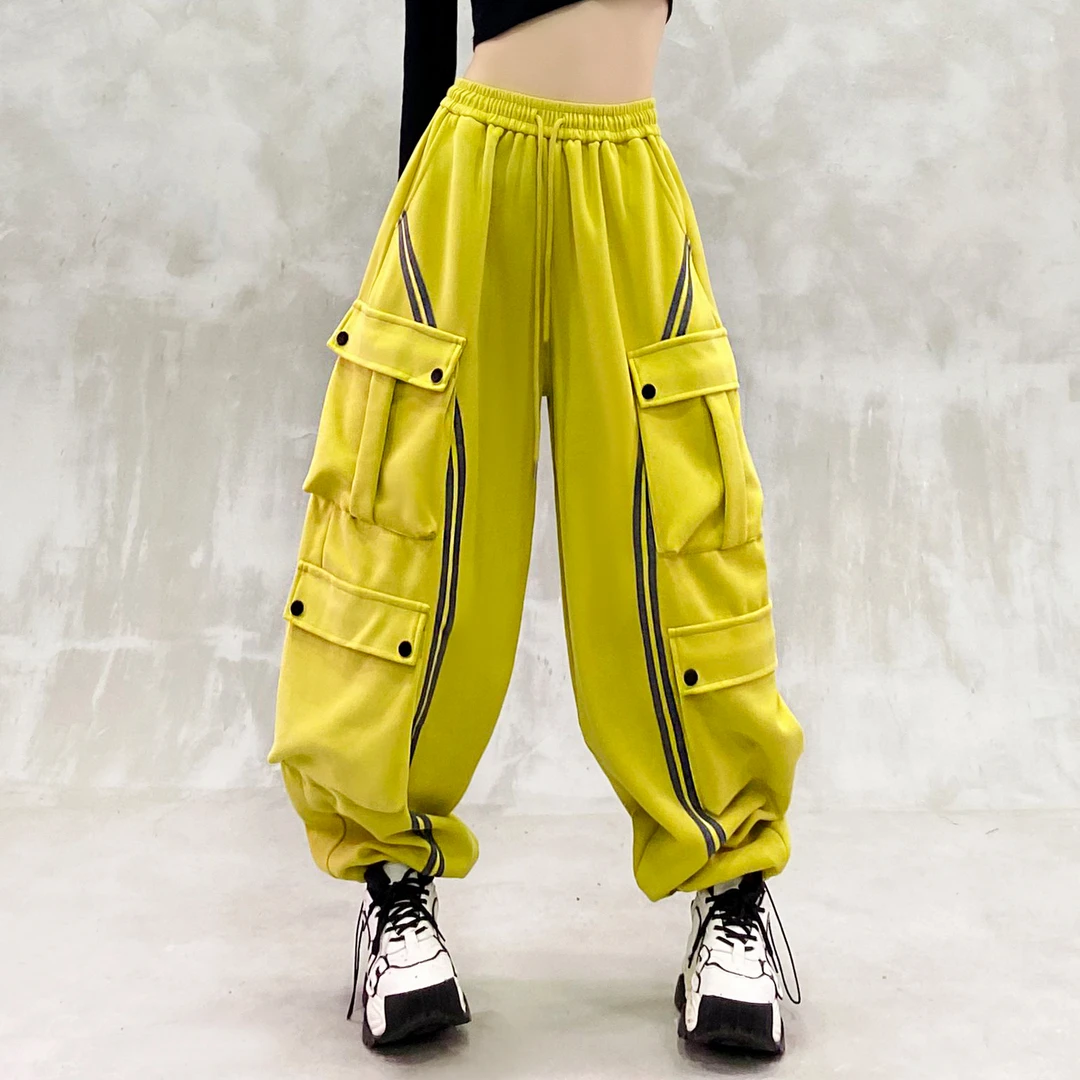 帅气条纹拼色工装休闲裤女秋新款高腰宽松显瘦百搭直筒束脚卫裤潮