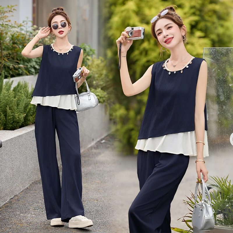 套装宽松显瘦气质洋气时尚休闲夏季宽松短袖装减龄遮肚阔腿裤子