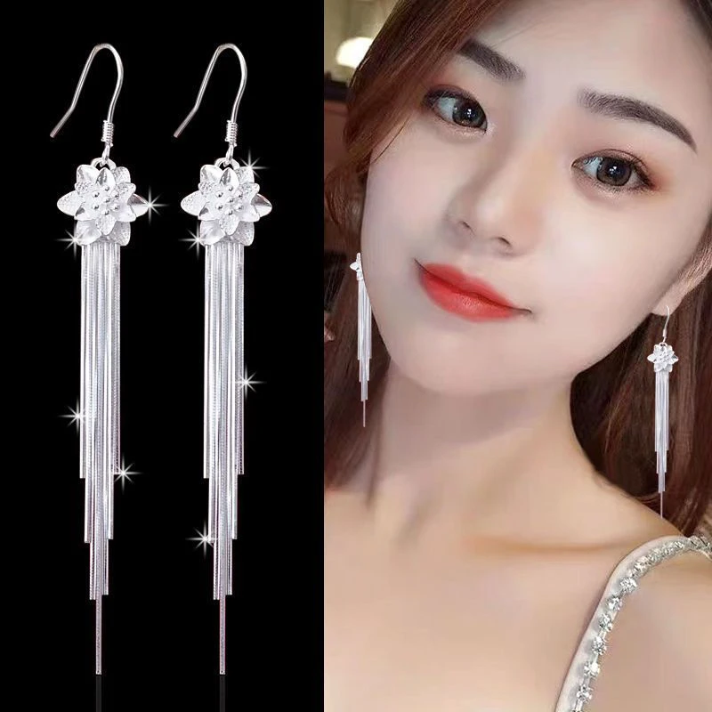 足银耳饰 足银990精工时尚百合花流苏耳环0520