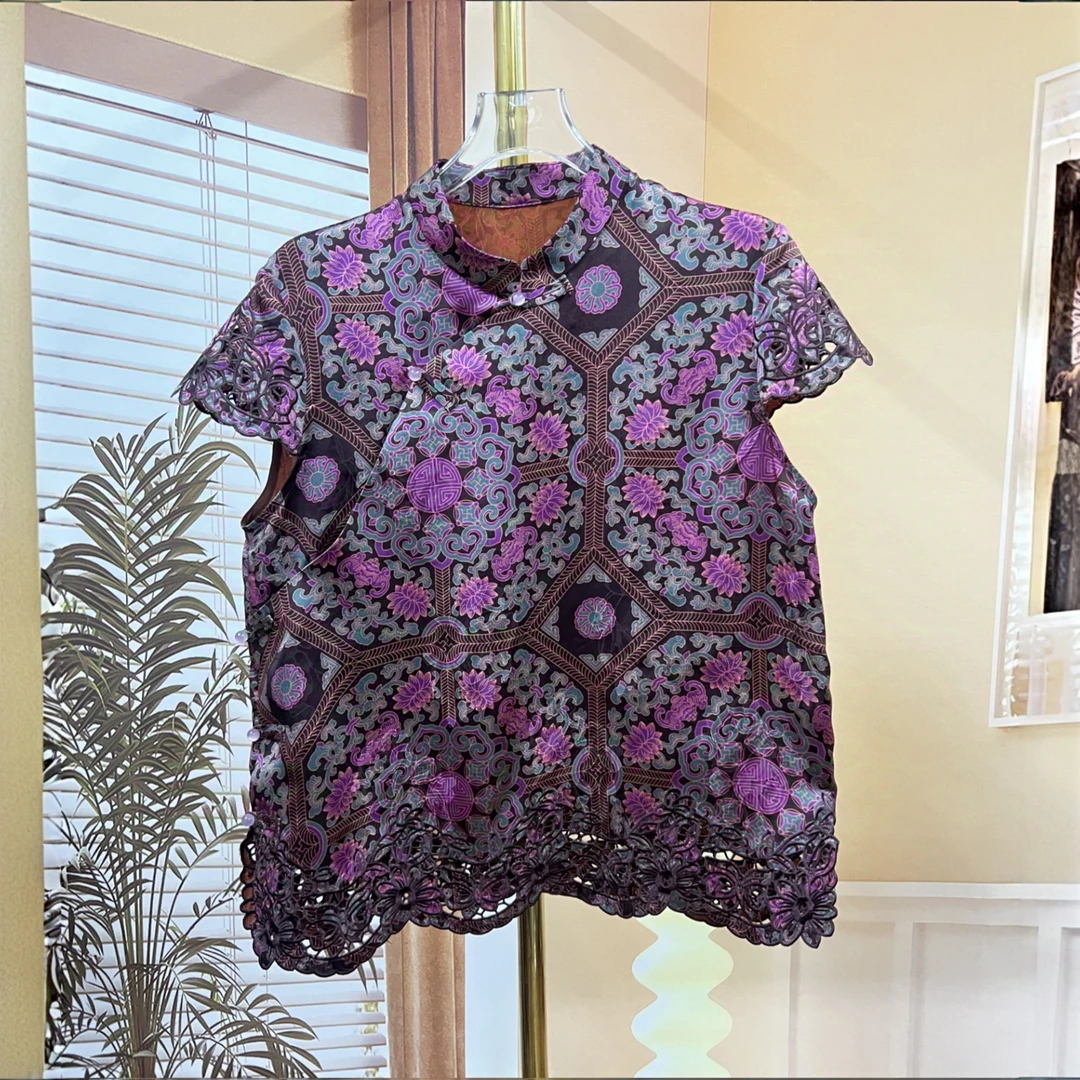 《衣家》气质新中式流年紫韵绣花提花盖袖短袖显瘦衬衫