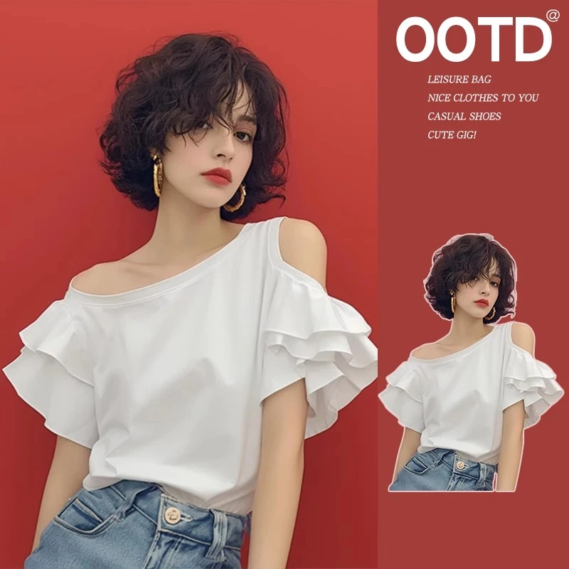 夏季小众设计感超好看露肩荷叶边上衣独特别致纯色法式短袖t恤女