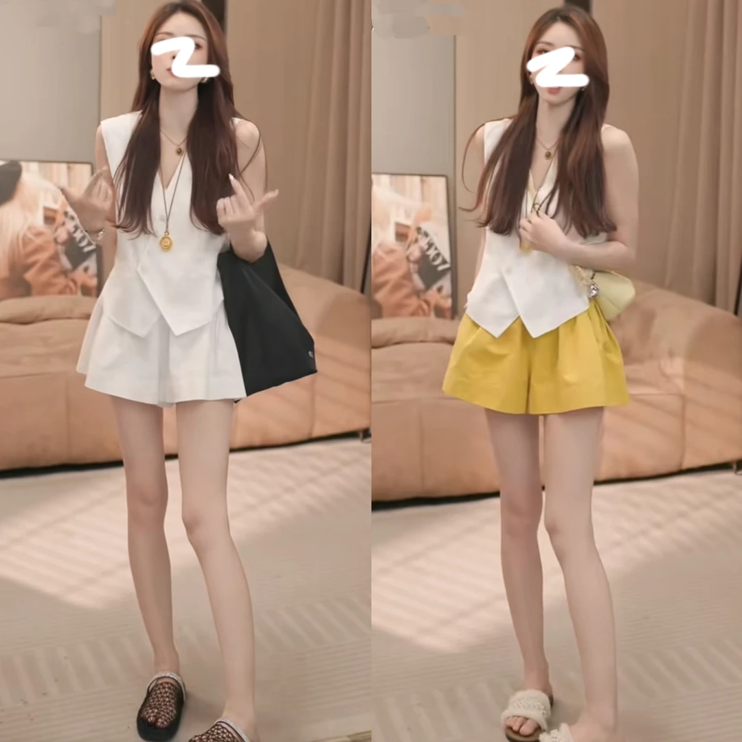 【两件套】夏季新款无袖气质背心时尚百搭马甲衬衫+高腰透气短裤女