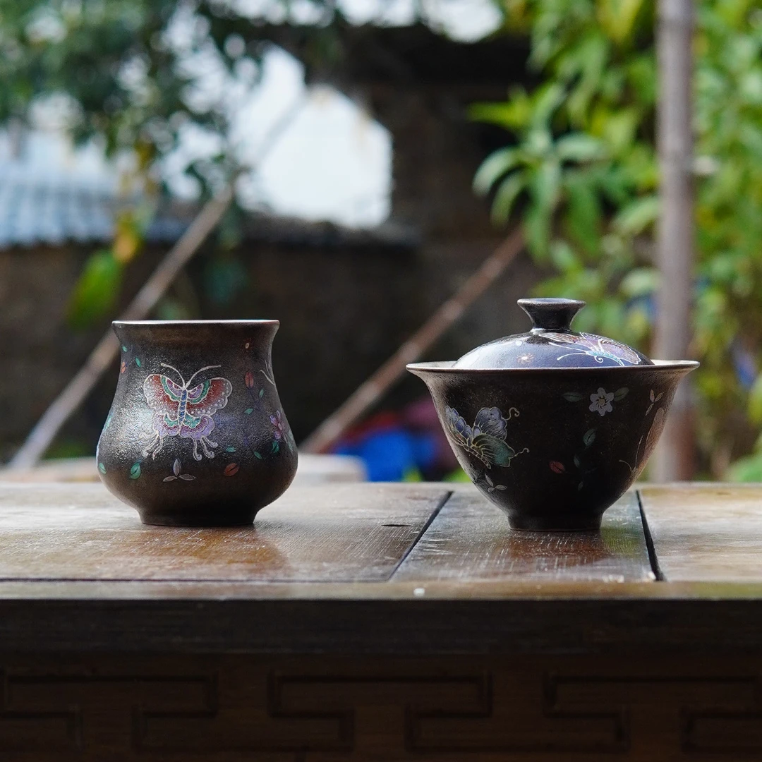 颜瓷 暗夜蝶舞一壶一杯志野烧蝴蝶手绘品茗泡茶高颜值陶瓷茶具