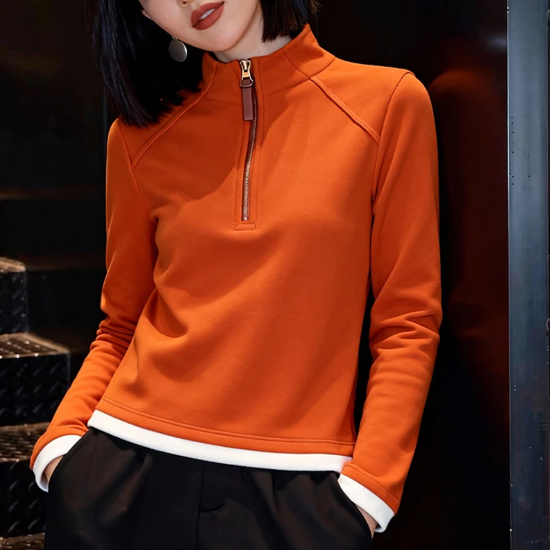 秋冬橘色打底衫T恤女2025高级感洋气内搭显瘦半拉链德绒长袖上衣