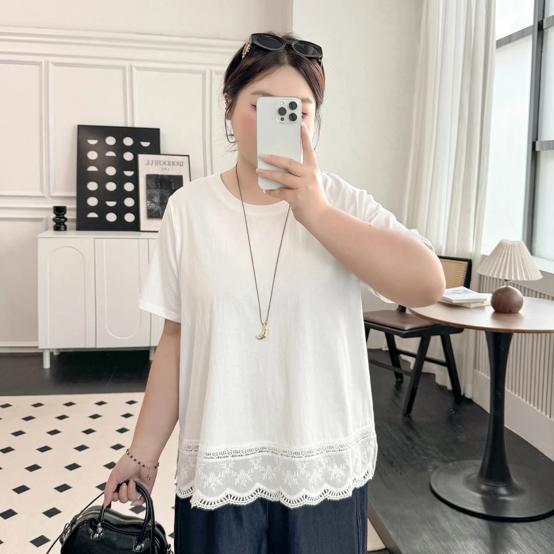 DX7598大码女装【法式花边蕾丝T】夏季胖mm圆领拼接200斤短袖T恤