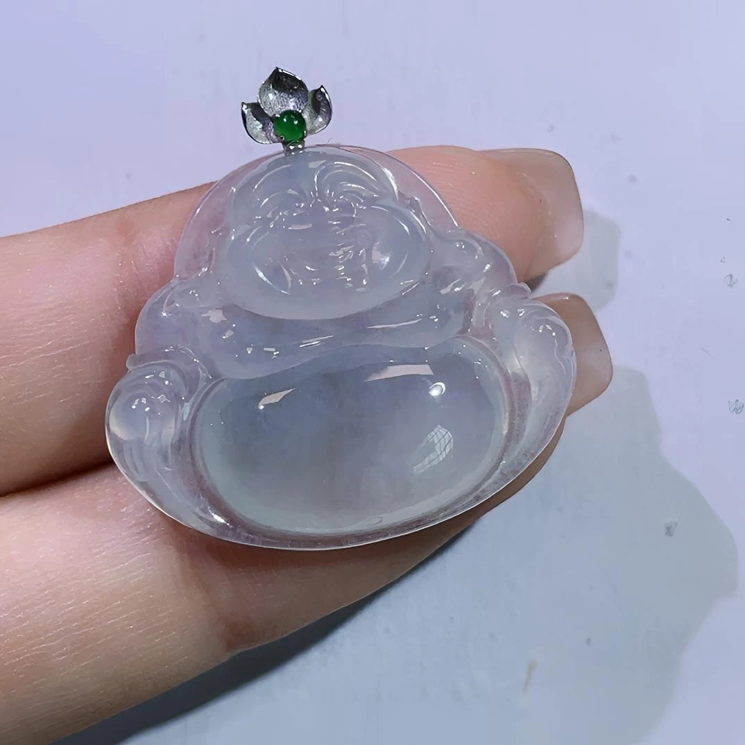 高冰种天然翡翠A货18k镶嵌冰润胶感佛公吊坠