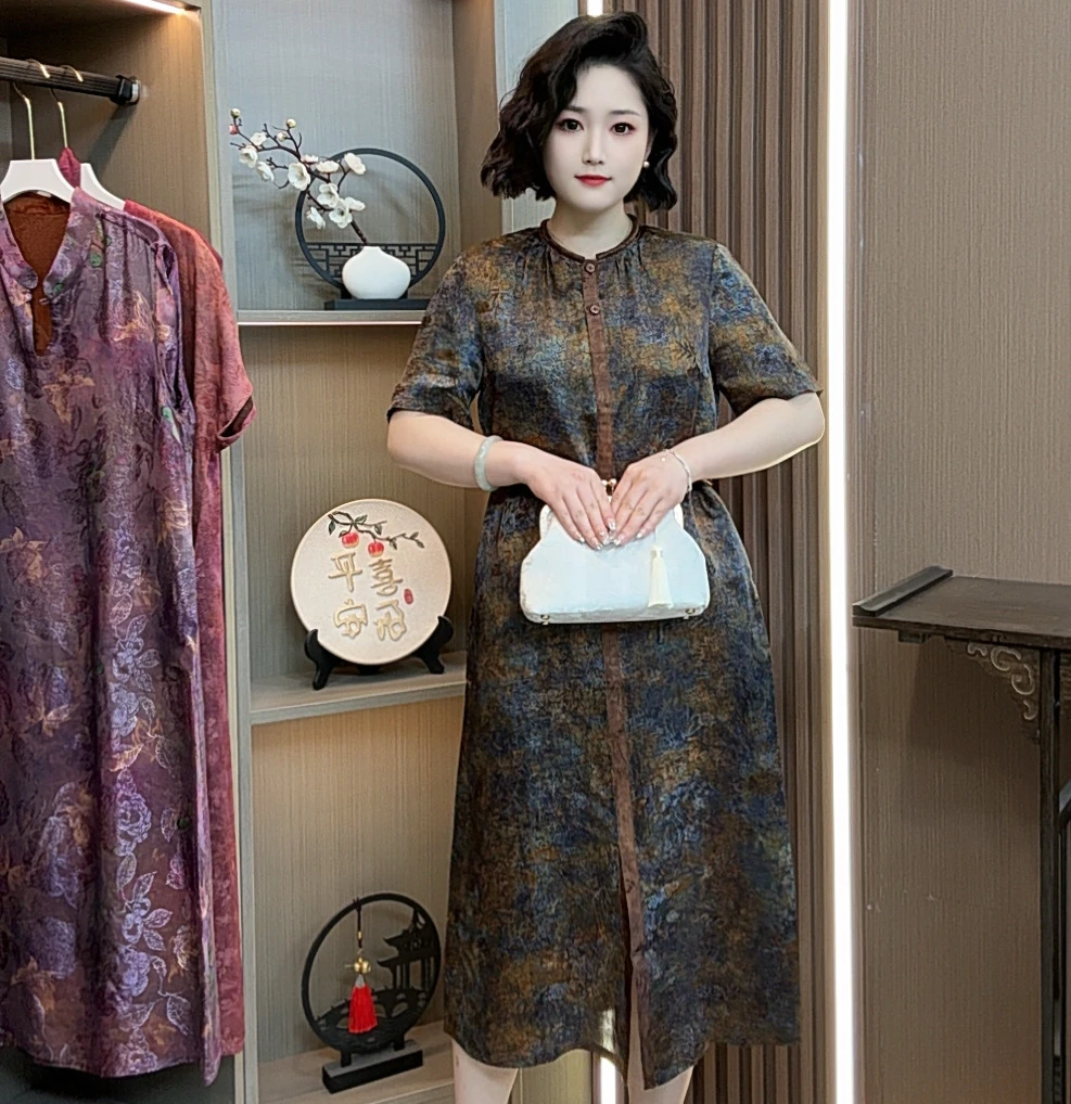 【梦云】2025新款高端重磅时尚素雅新中式风格印花遮肉显瘦连衣裙