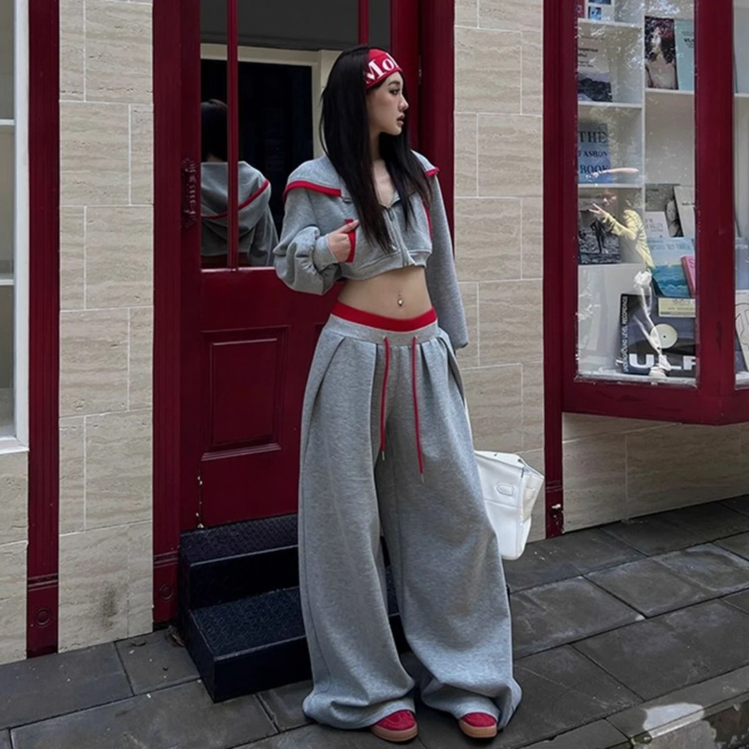 美式连帽卫衣开衫女早秋短款拉链外套上衣宽松直筒抽绳休闲裤套装