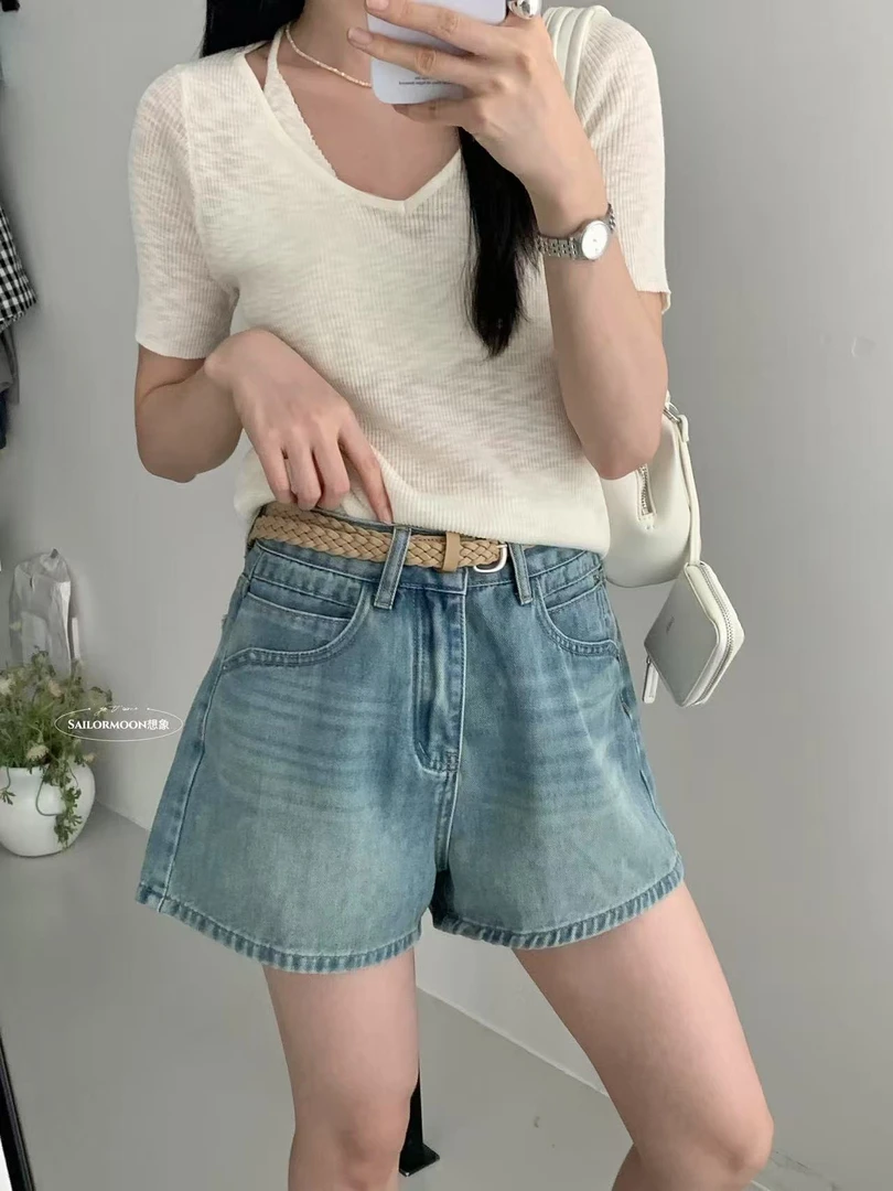 想象@33168 韩系简约百搭高腰松弛感牛仔短裤（配腰带）6-19