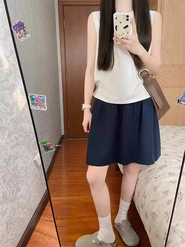 韩系穿搭藏青色半身裙女小个子春夏季新款高腰短裙百搭伞裙a字裙