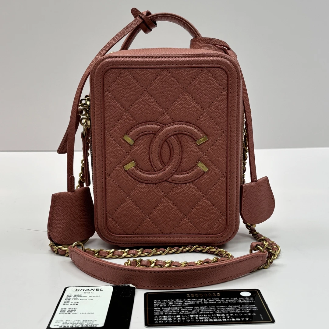 95新 Chanel/香奈儿 粉金牛皮竖版相机单肩斜挎包 91784
