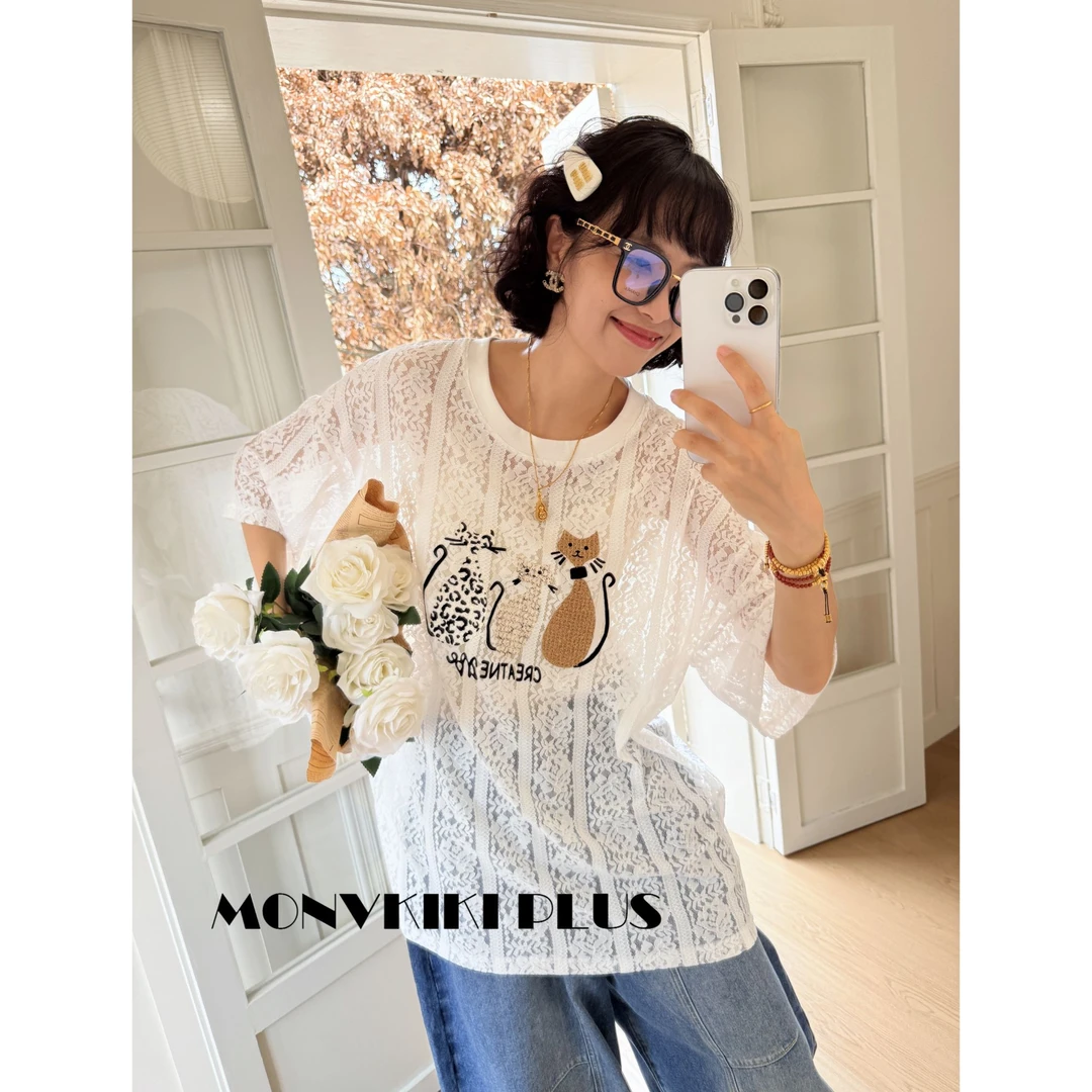 MoNvKiKiPlus5【三只小猫】蕾丝提花拼接蕾丝重工短袖T恤显瘦#H075