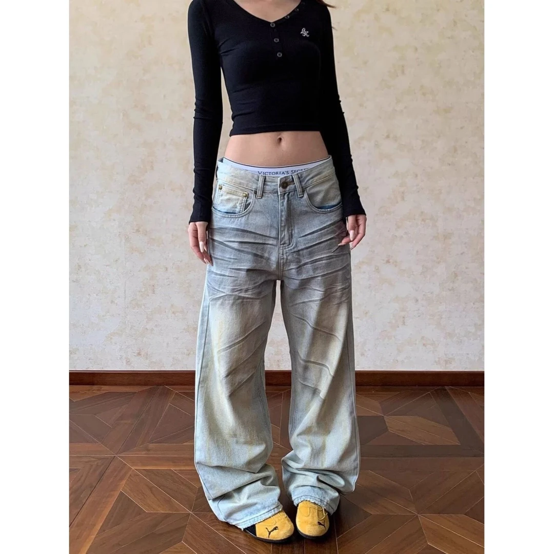 美式水洗脏染浅色牛仔裤男女宽松直筒做旧猫须拖地长裤子