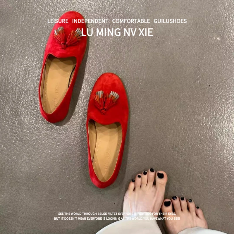 羊皮版~2025新款复古一脚蹬单鞋浅口流苏女鞋平底舒适百搭休闲鞋