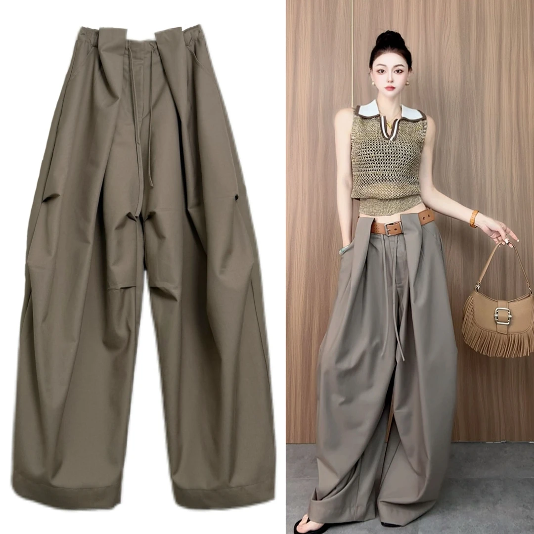 【大大梨】韩版设计感百搭不规则褶皱休闲阔腿裤hbde25K206宽松垂感