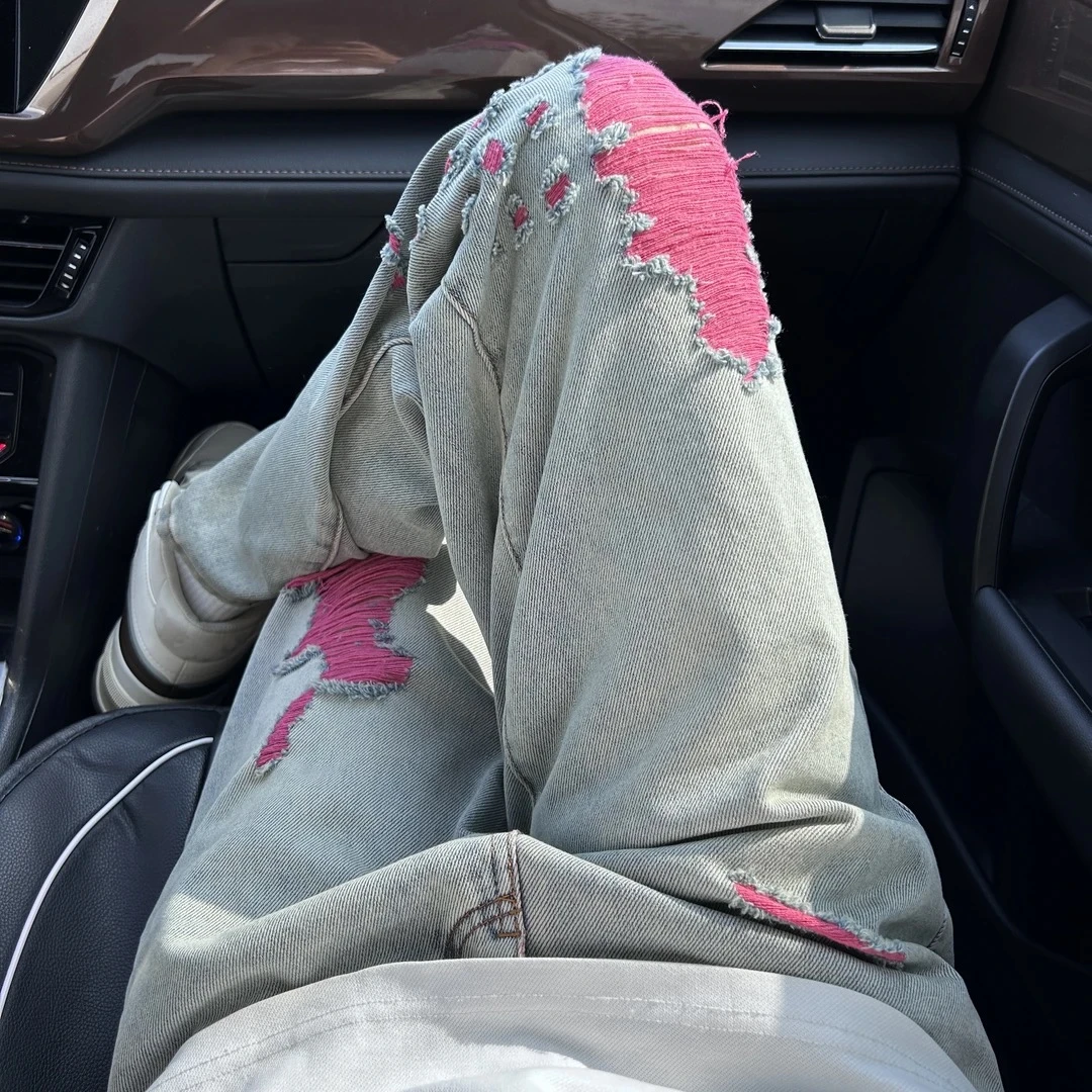 欧美高街vibe裤子男女设计感毛边破洞乞丐牛仔裤直筒宽松阔腿长裤