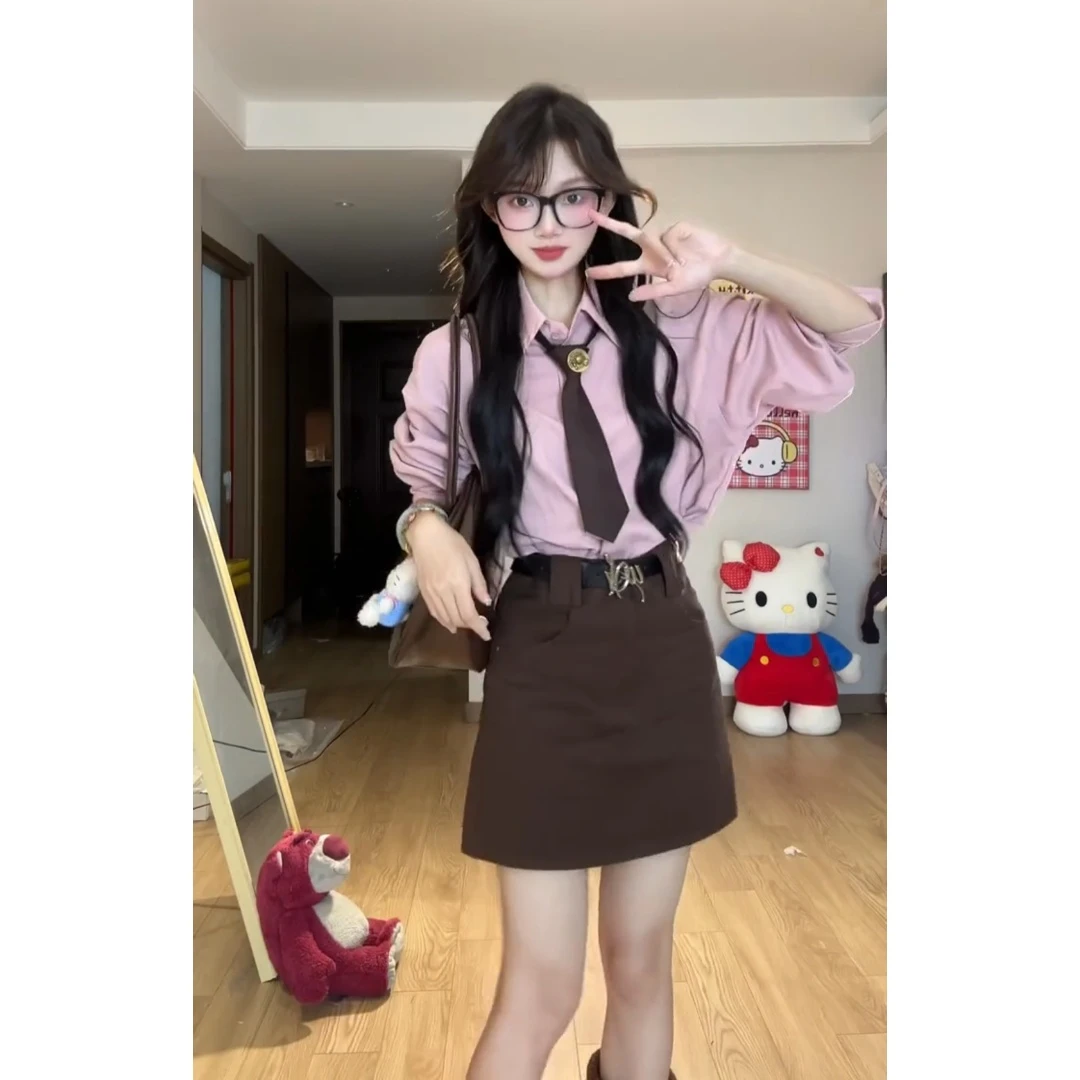 MARIE.COCO多巴胺粉色Polo领衬衫上衣女秋季高腰显瘦包臀短裙套装