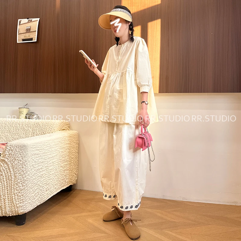 减龄森系孕妇套装春季新款娃娃衫上衣刺绣九分阔腿裤两间套DY1835