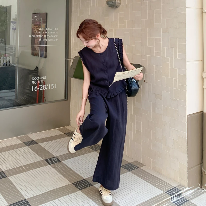 复古文艺范背心阔腿裤套装2025夏季新款盐系松弛感穿搭休闲两件套