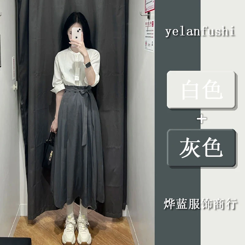 夏日穿搭小个子独特漂亮茶里茶气别致白色衬衫灰色系带半身裙套装