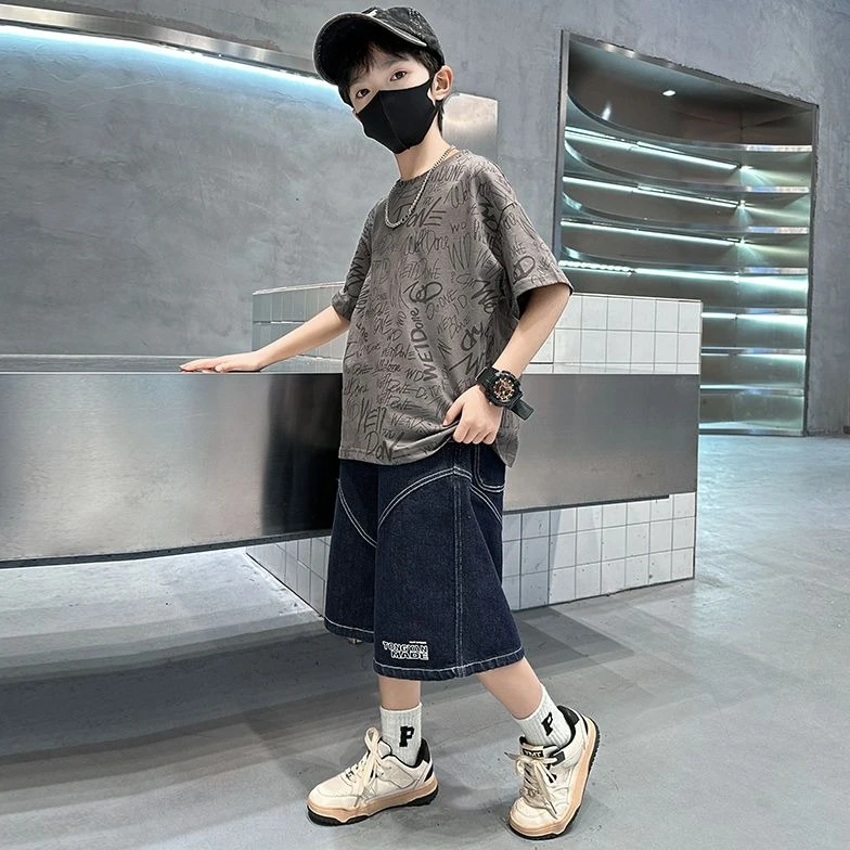 新款男童夏季休闲宽松字母印花短袖纯棉潮宝T恤薄款洋气夏装衣服