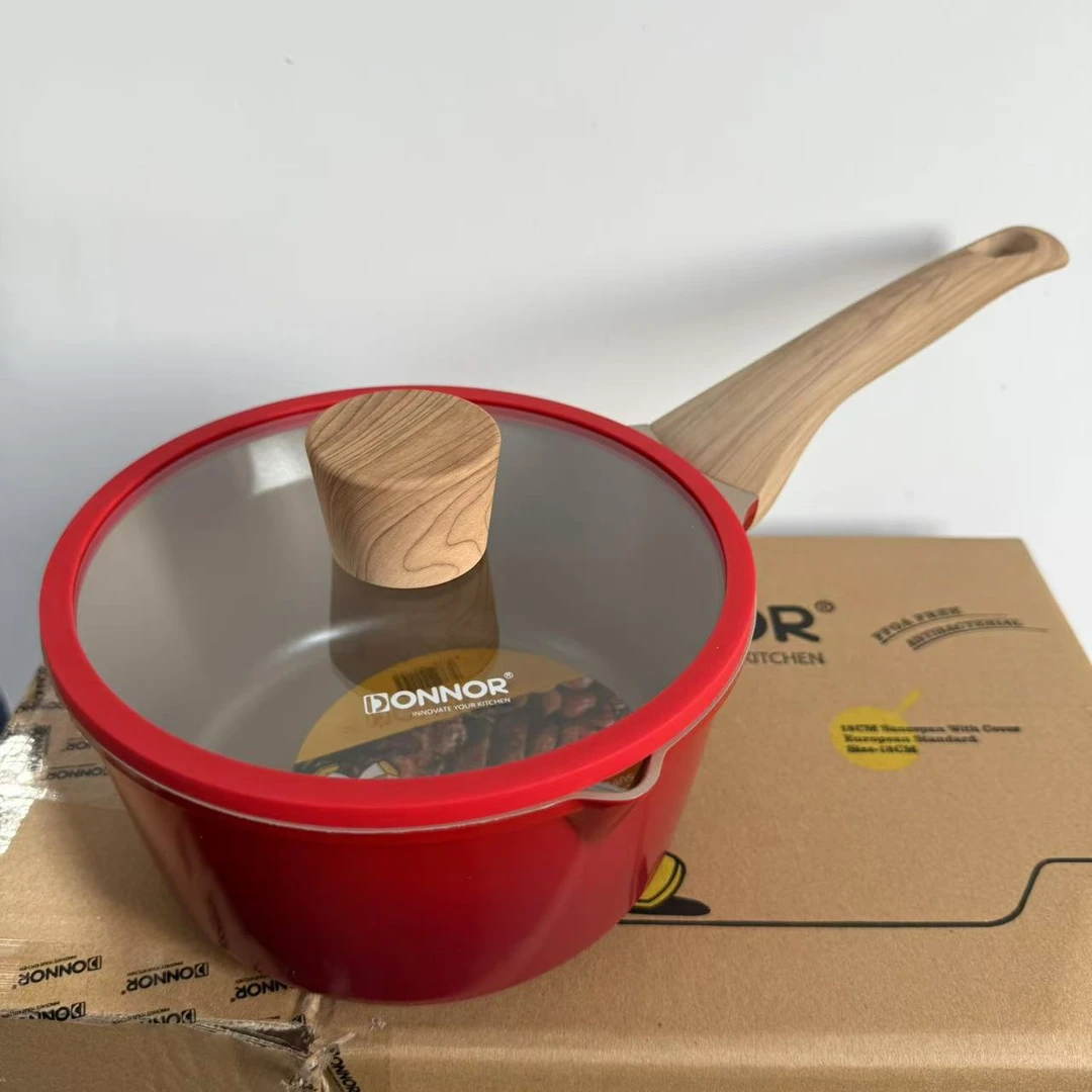 【出口外贸】DONNOR18cm贝丽奶锅红色不粘锅全灶具通用