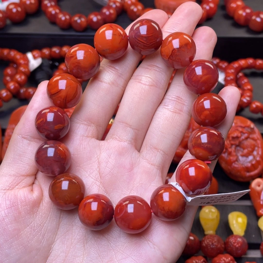 南红玛瑙其他未镶嵌y15mm瓦西玫瑰红火焰纹圆珠手串