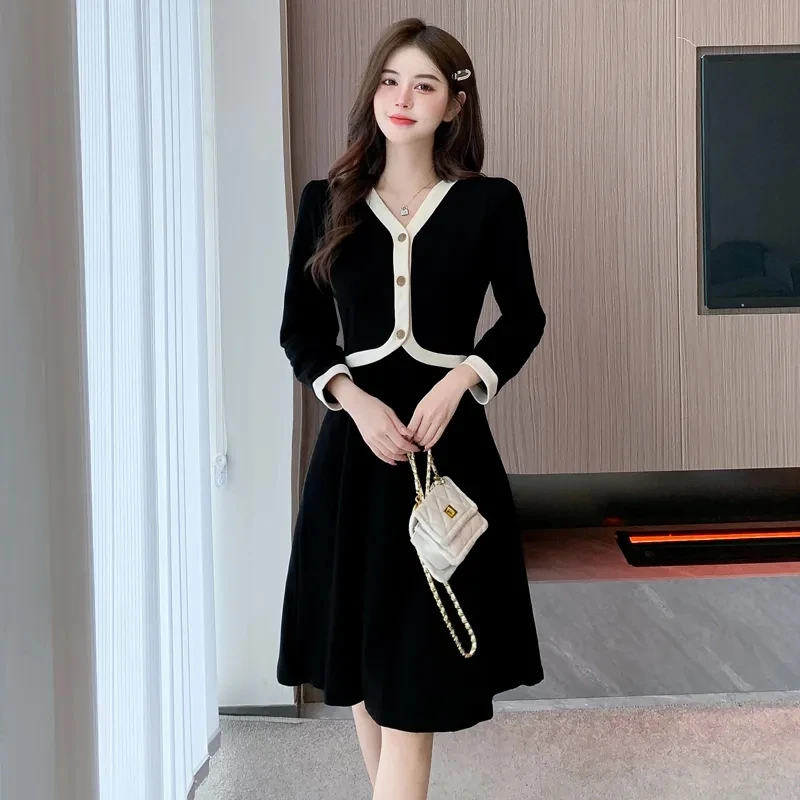 （现货清货）胖mm新款潮小香风V领遮肚子显瘦黑色长袖连衣裙1376