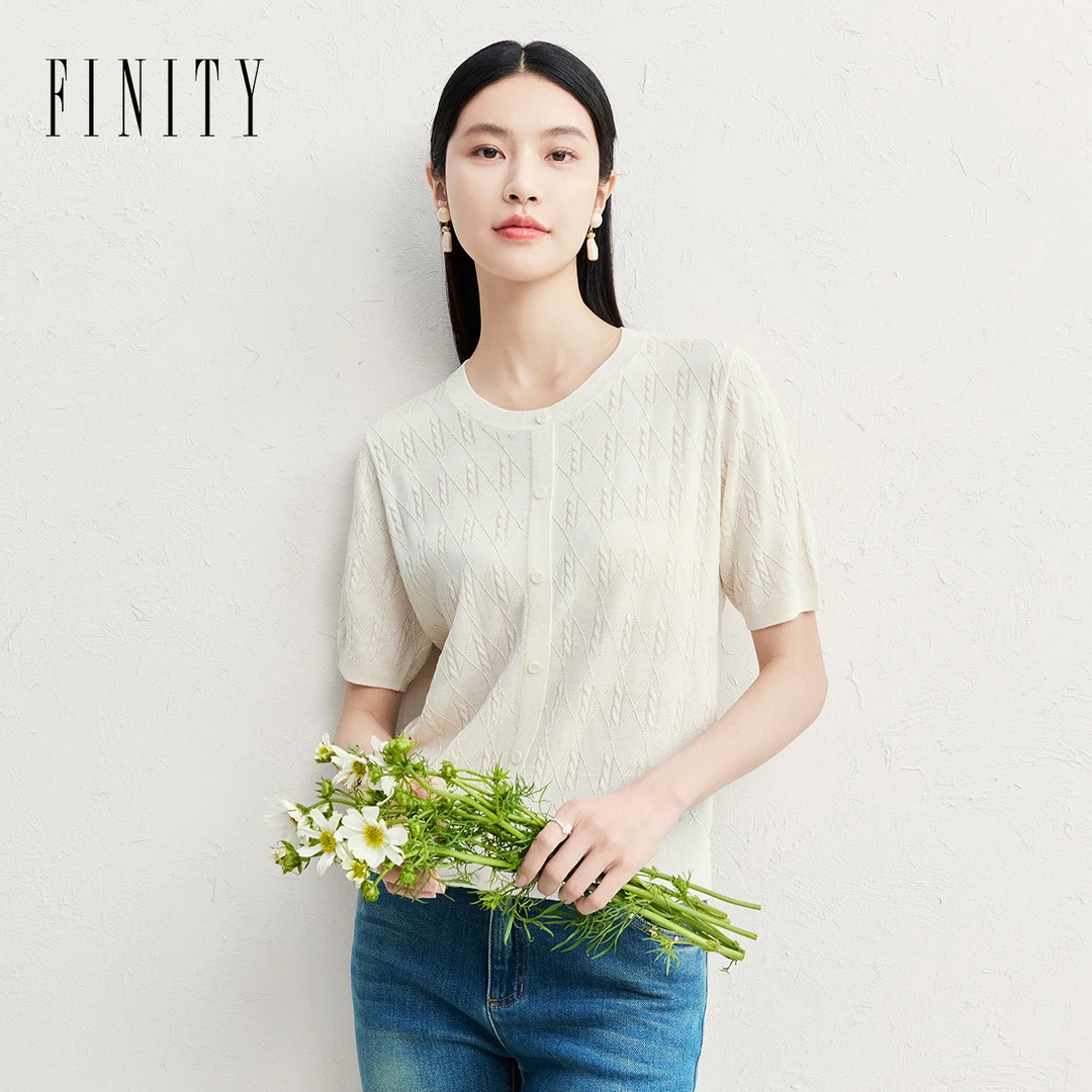 FINITY毛针织衫气质时尚休闲百搭夏季镂空圆领提花宽松纯色百搭款